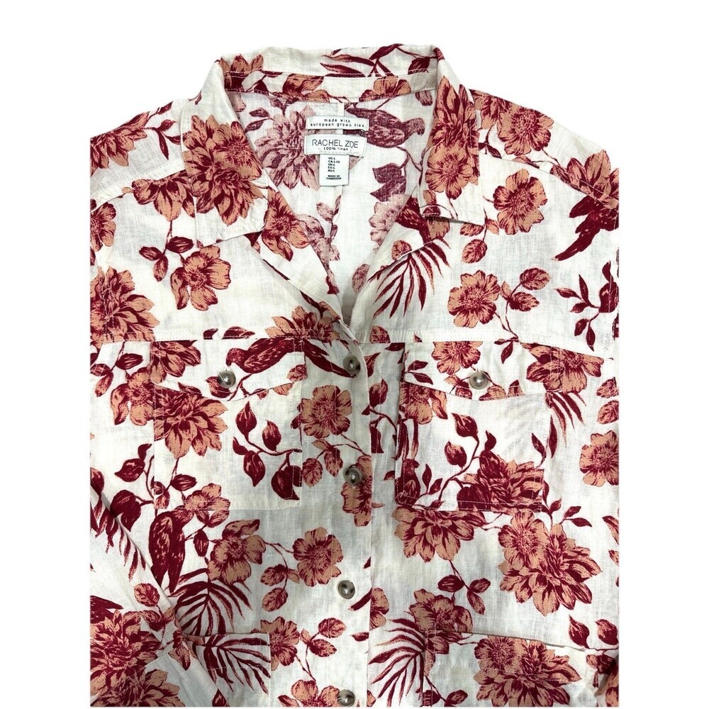 Rachel Zoe Button Up Linen Floral Bird Print Shirt Blouse Women L Missing Belt - Picture 3 of 9